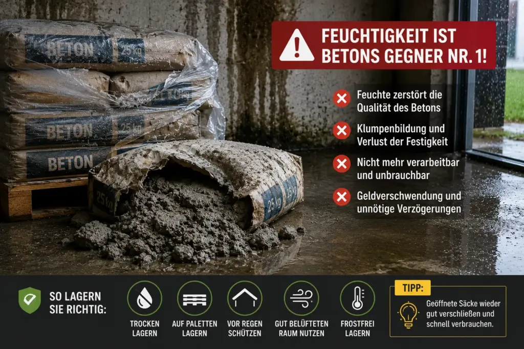 Feucht gelagerte Betonsäcke mit beschädigtem Inhalt
