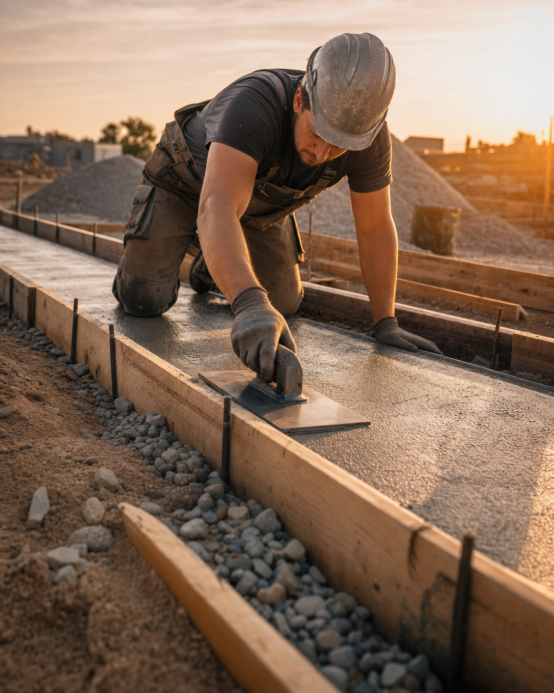 Normalbeton Fundament – Bauarbeiter glättet frischen Beton