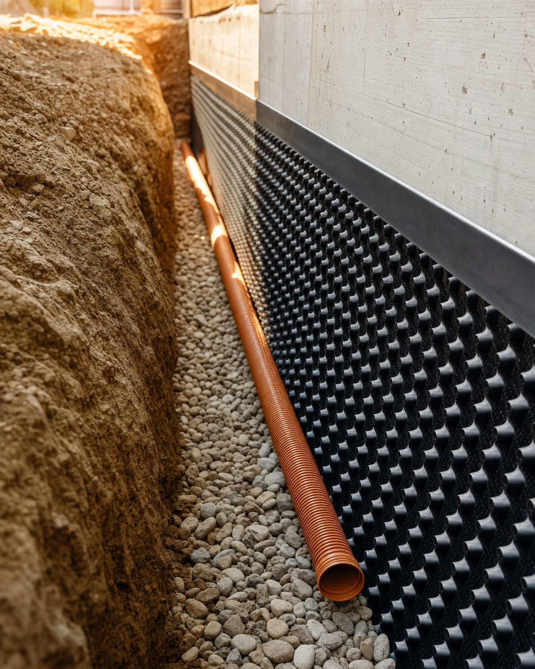 Kellerdrainage mit Noppenbahn und Kiesbett