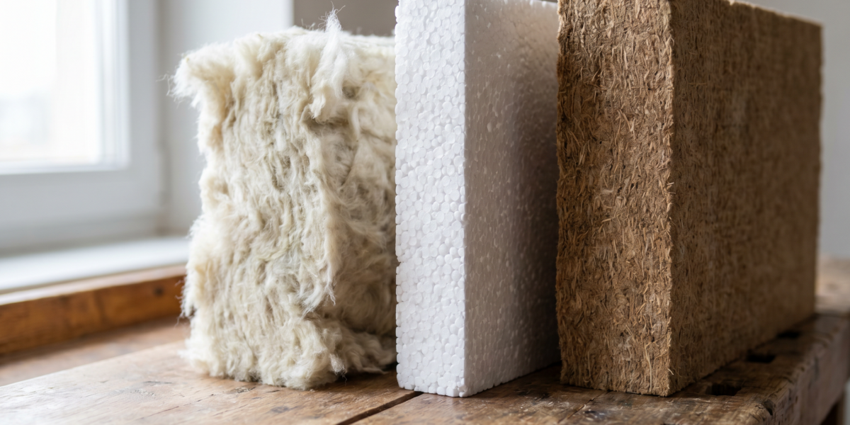Drei Dämmstoffe im Vergleich: Mineralwolle, EPS-Styropor und Holzfaser auf einem Holztisch