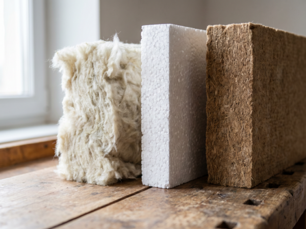 Drei Dämmstoffe im Vergleich: Mineralwolle, EPS-Styropor und Holzfaser auf einem Holztisch