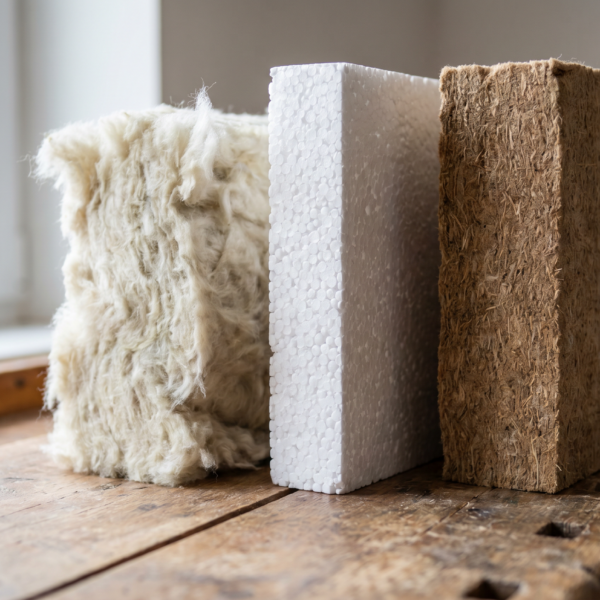 Drei Dämmstoffe im Vergleich: Mineralwolle, EPS-Styropor und Holzfaser auf einem Holztisch