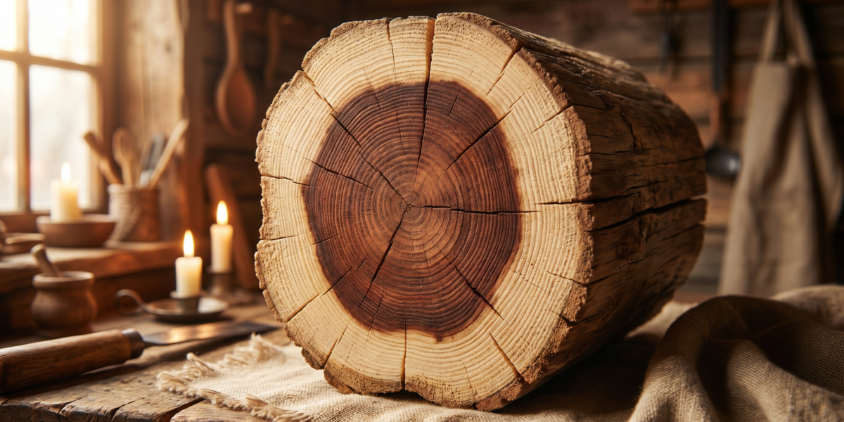 Querschnitt eines Holzbalkens mit Kernholz und Splintholz