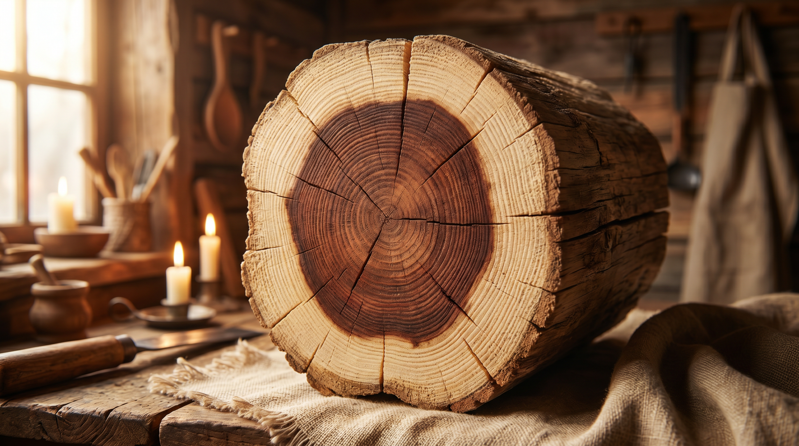 Querschnitt eines Holzbalkens mit Kernholz und Splintholz