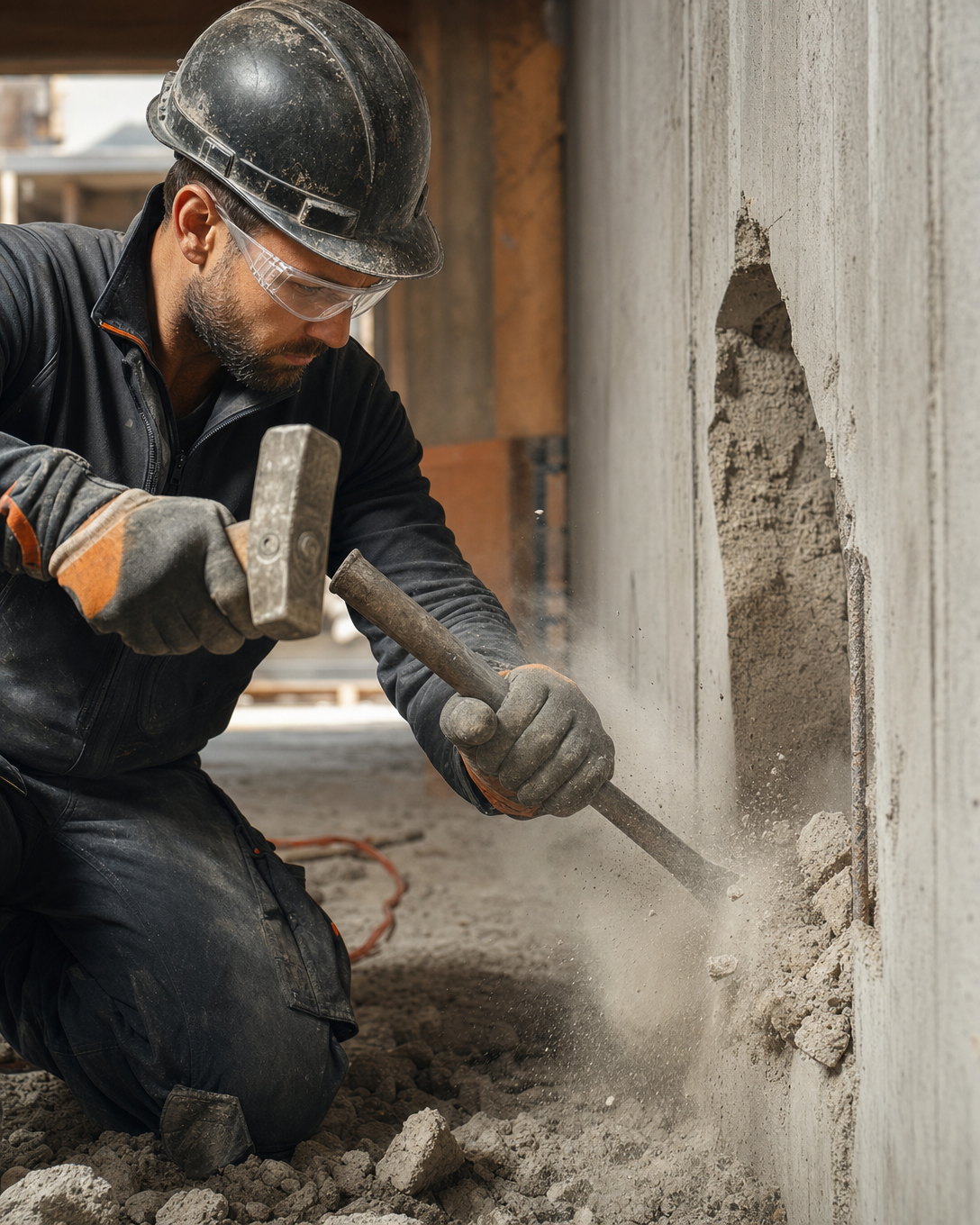 Betonreparatur Vorbereitung – Handwerker stemmt Schadstelle aus