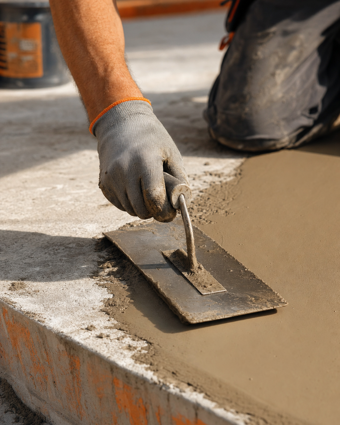 Handwerker repariert Betonfläche mit PCC-Mörtel