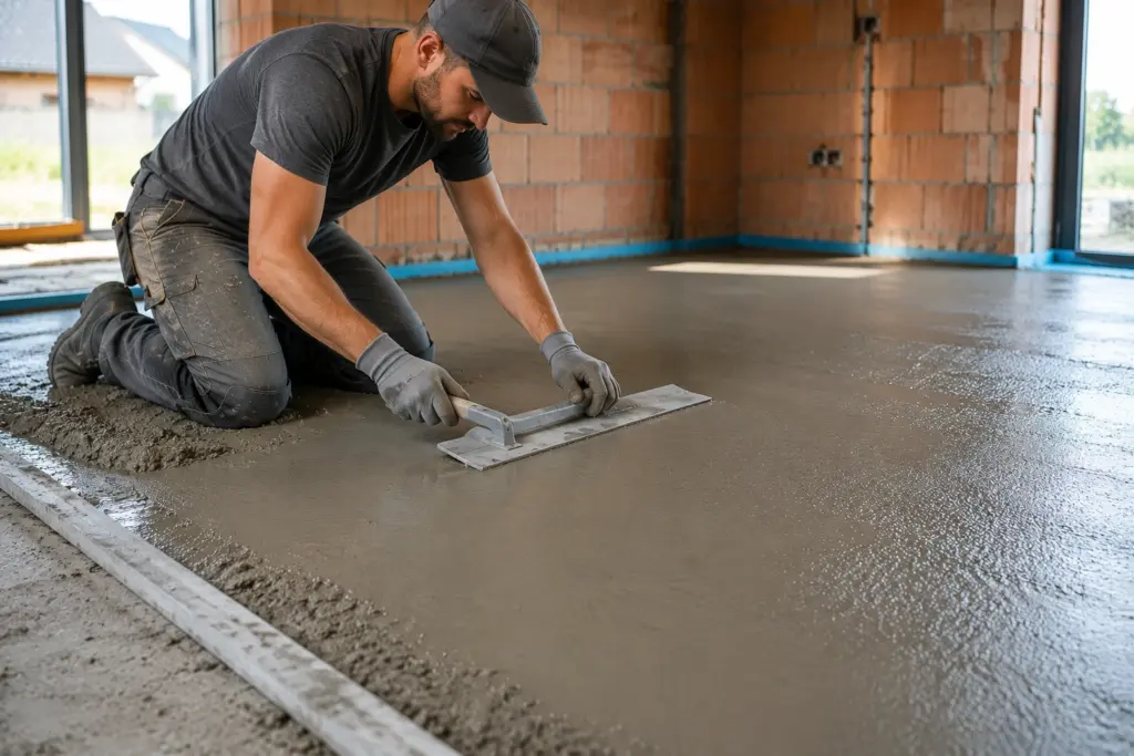 Handwerker glättet frischen Beton Estrich